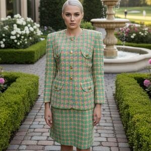 Vintage Escada Pink Green Skirt Suit